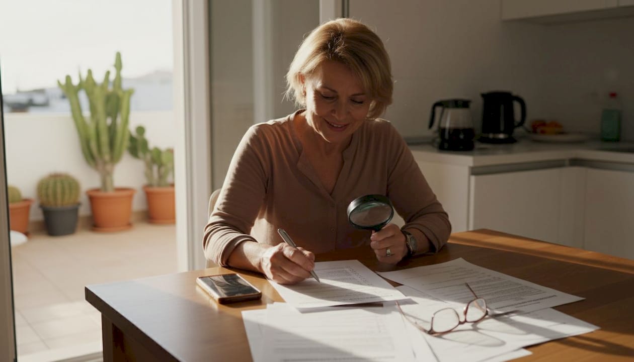 Eine Frau sitzt am Wohnzimmertisch und geht ihre Immobilien-Checkliste durch.