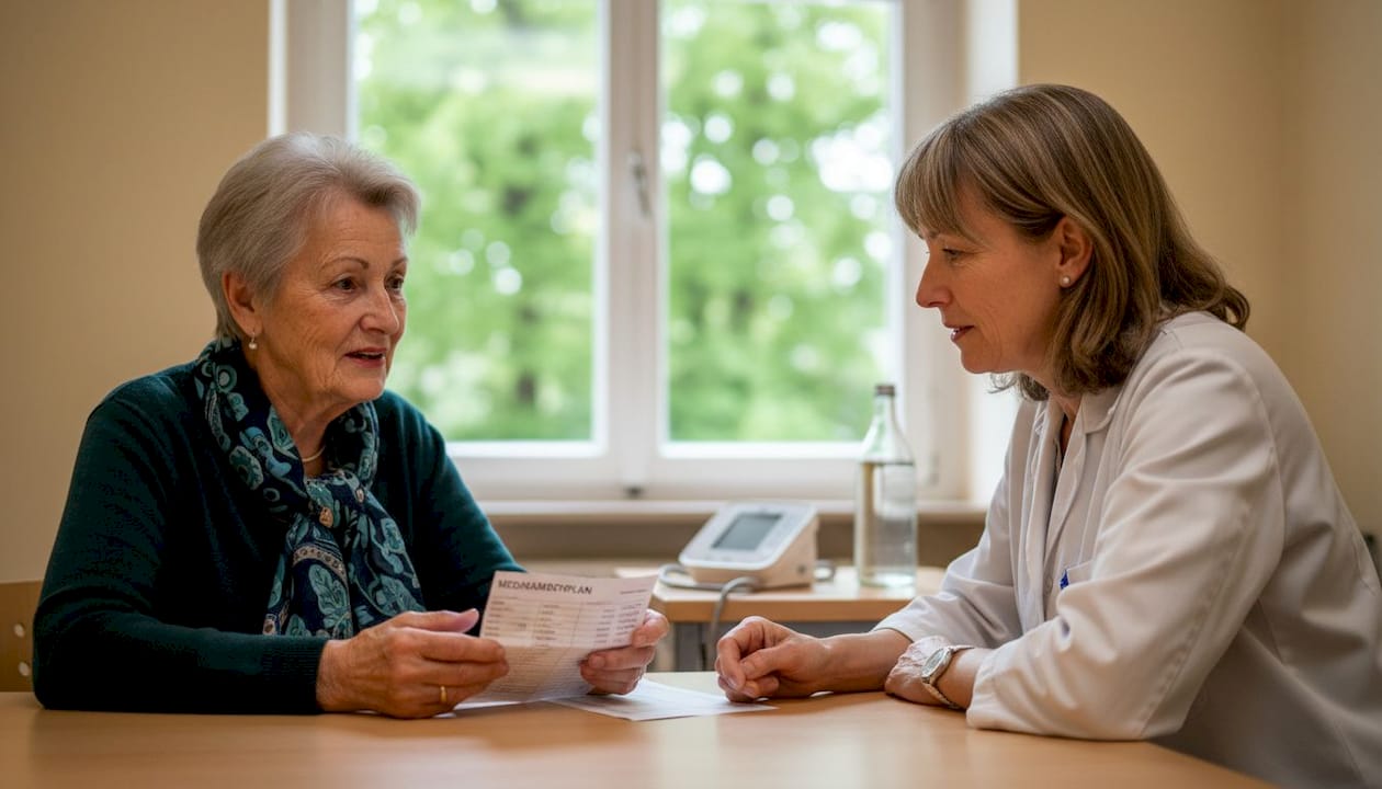 Ein Senior führt ein Gespräch mit seinem deutschsprachigen Arzt in der Praxis.