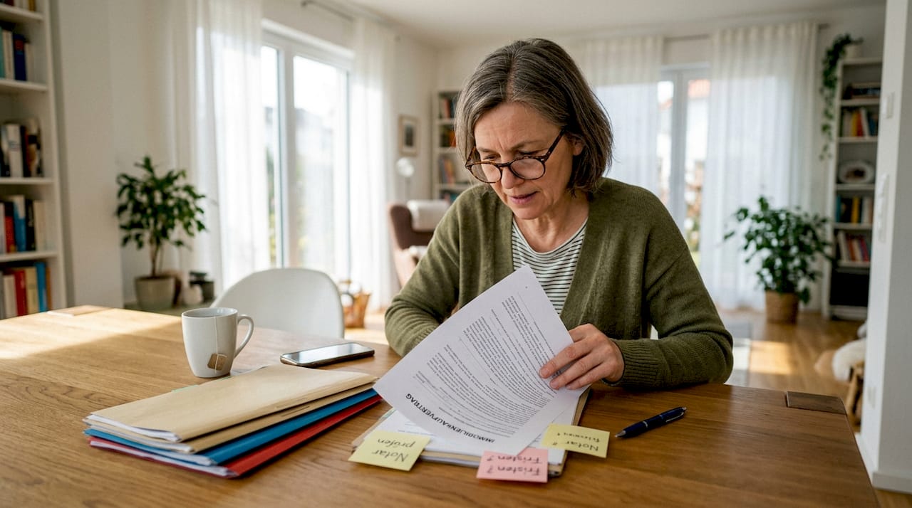 Eine Frau liest aufmerksam den Kaufvertrag für ihre neue Wohnung am Wohnzimmertisch durch.