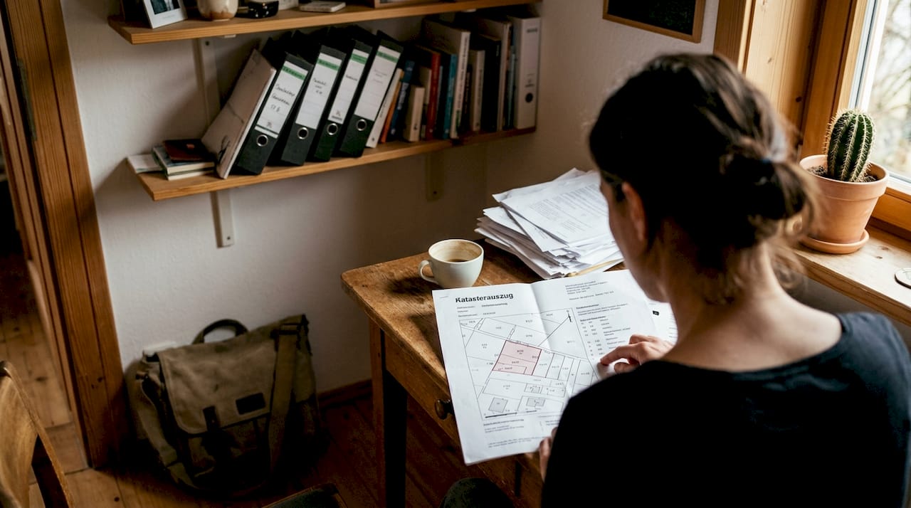 Eine Frau sitzt im Homeoffice und nimmt einen Katasterauszug genau unter die Lupe.
