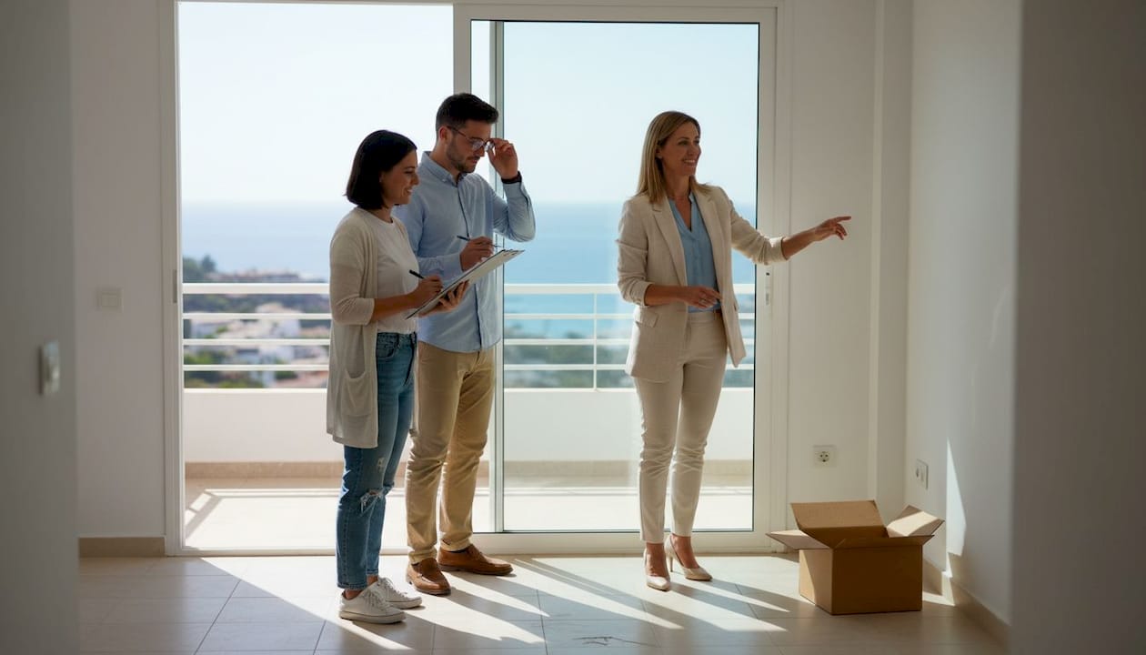 Interessenten besichtigen gemeinsam mit dem Makler eine Wohnung auf Teneriffa.