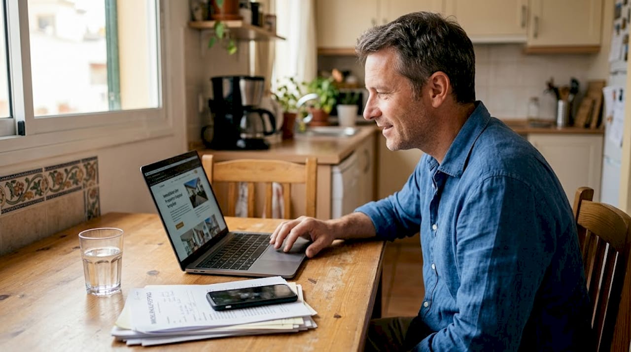 Ein Immobilienmakler arbeitet mit modernen digitalen Anwendungen auf seinem Laptop.