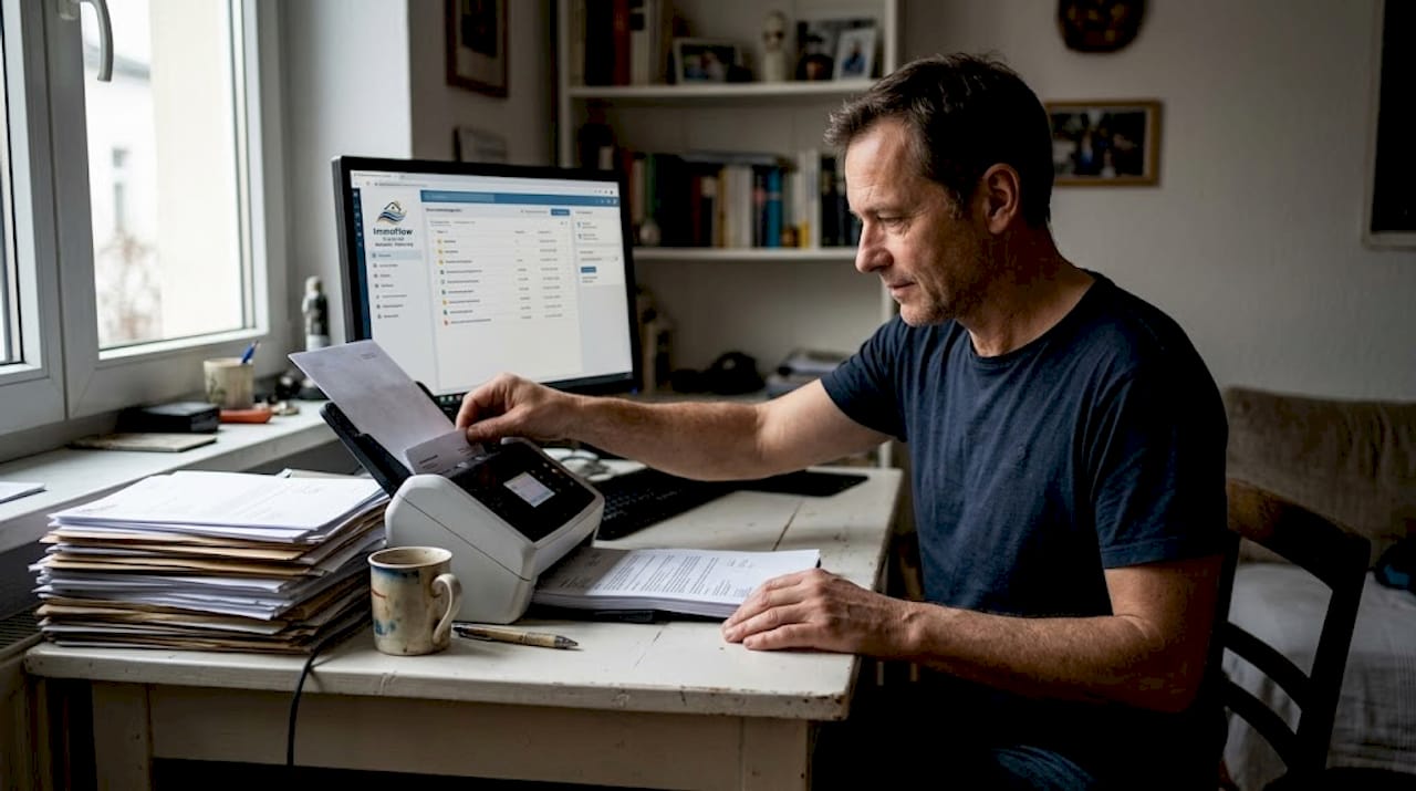 Ein Mann digitalisiert Unterlagen an seinem Schreibtisch.