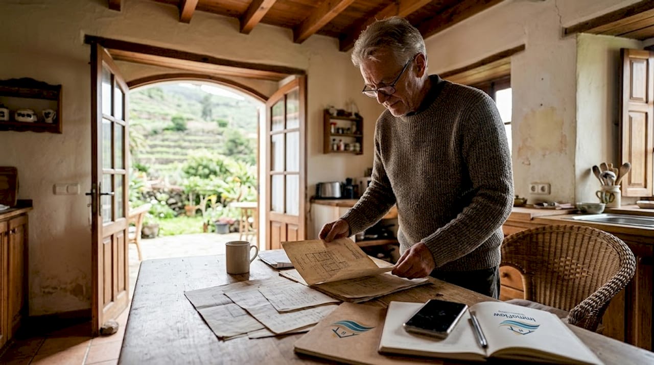 Ein Mann ordnet Bauzeichnungen in seinem Landhaus auf dem Dorf.