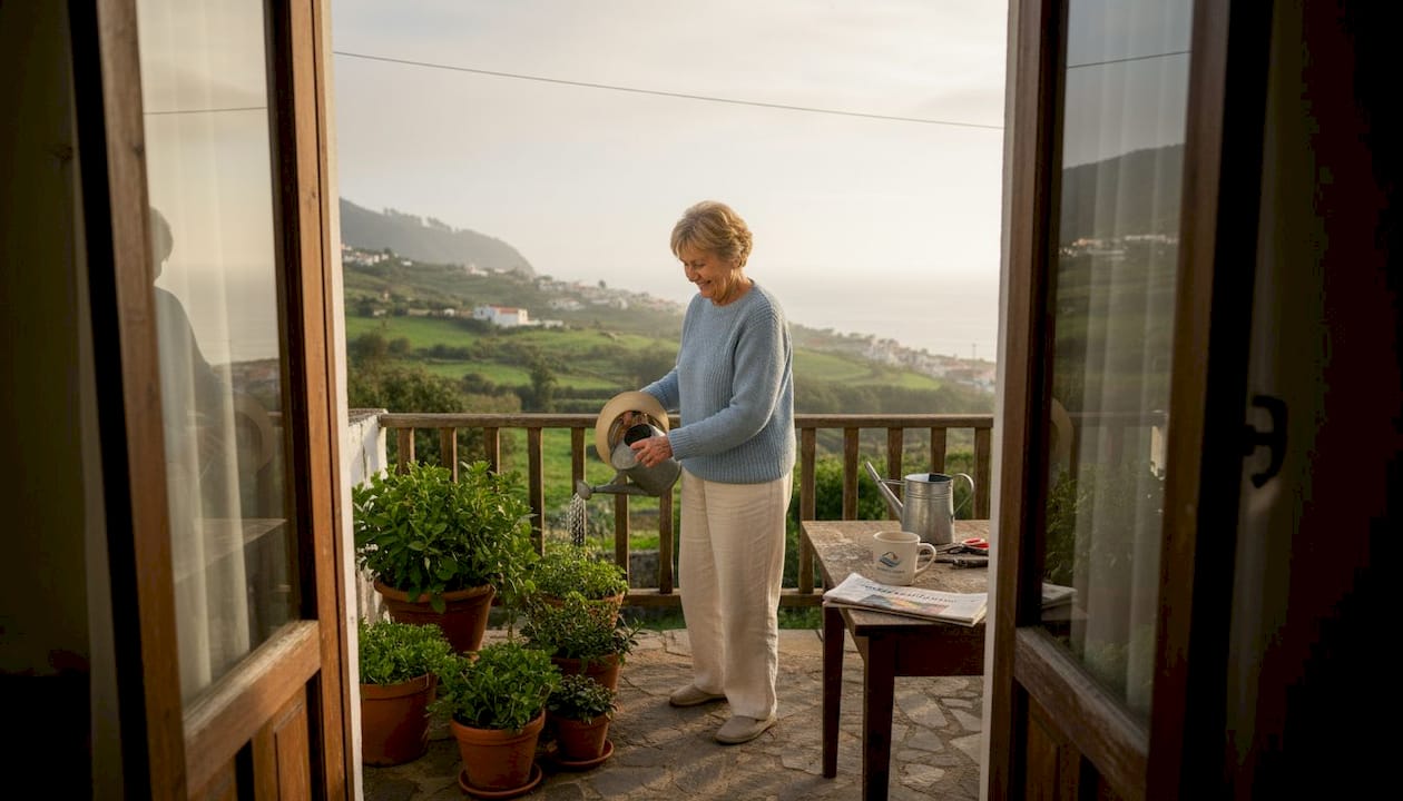 Ältere Dame kümmert sich liebevoll um ihre Pflanzen auf der Terrasse auf Teneriffa.