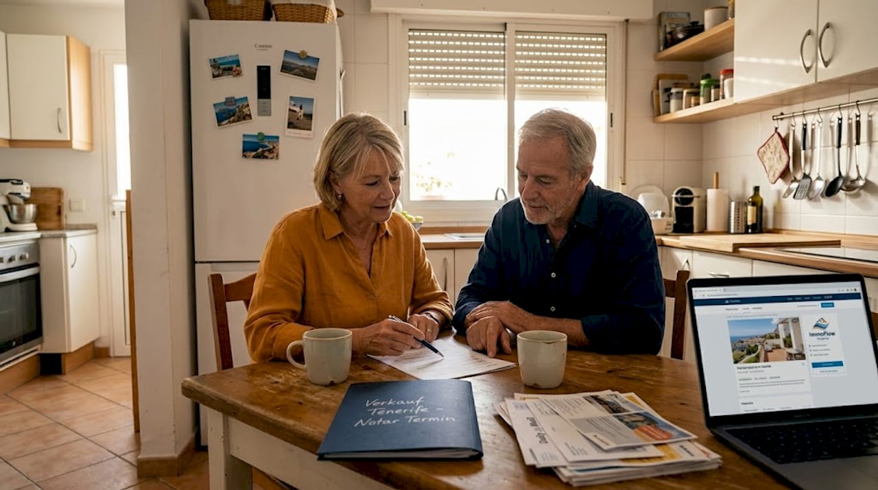 Ein älteres Ehepaar sitzt gemeinsam am Küchentisch und geht sorgfältig seine Unterlagen durch.