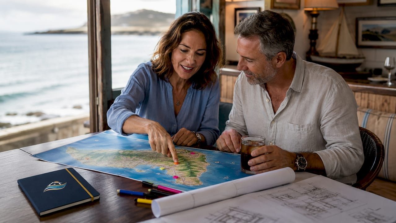 Una pareja revisa el mapa de Tenerife mientras estudia opciones para vender su propiedad.