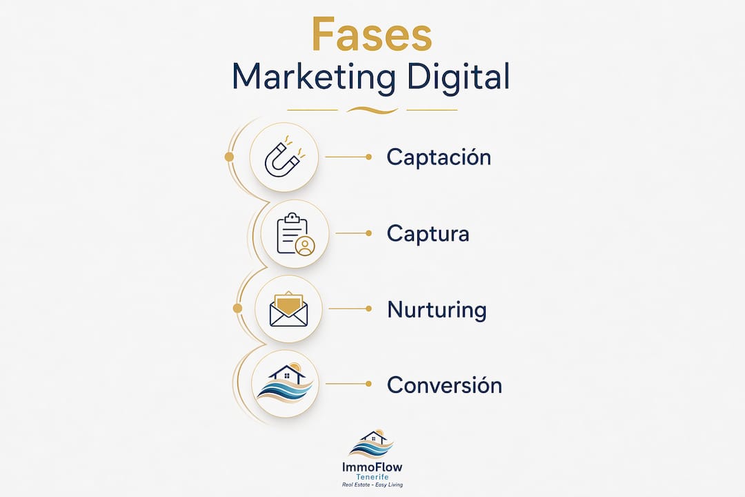 Infografía que presenta las cuatro etapas clave del marketing digital en el sector inmobiliario