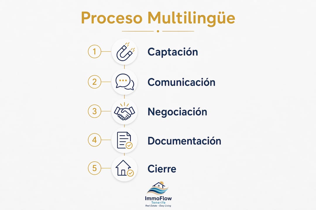 Infografía sobre cómo gestionar operaciones inmobiliarias en varios idiomas