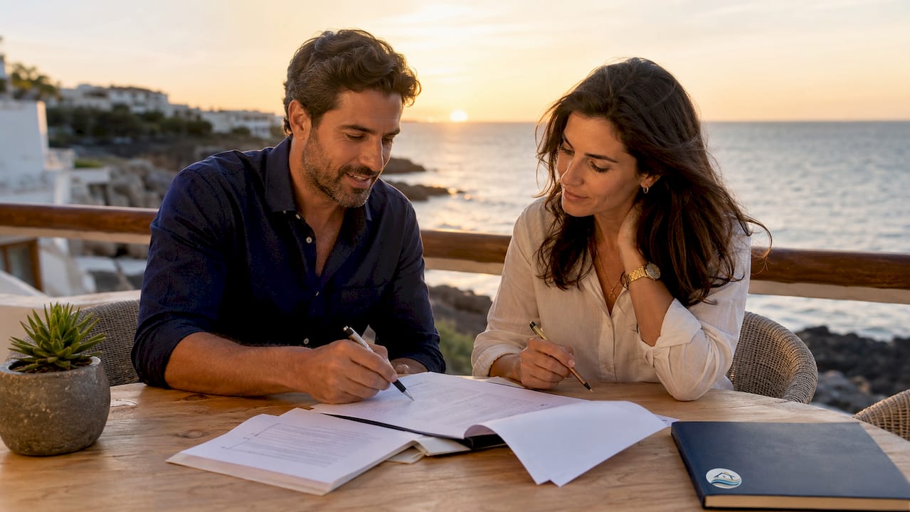Pareja revisando los detalles del contrato de arras antes de firmarlo