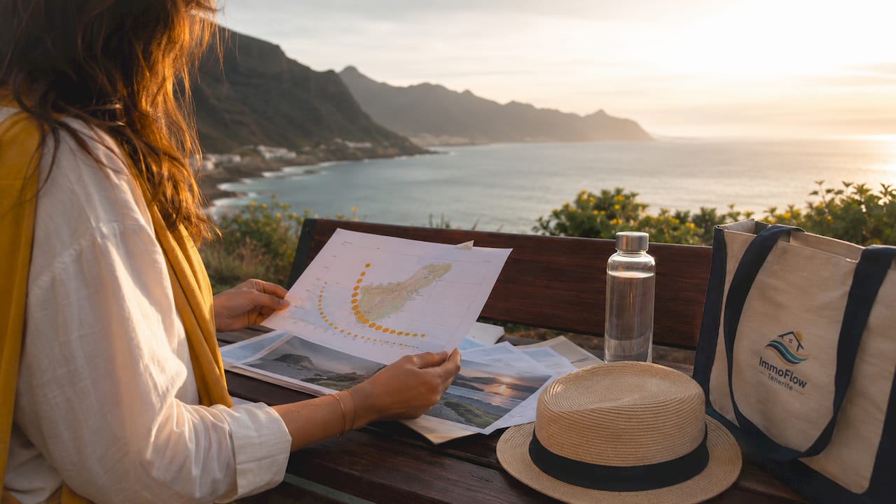 Personas revisando planos solares sobre una terraza frente al mar