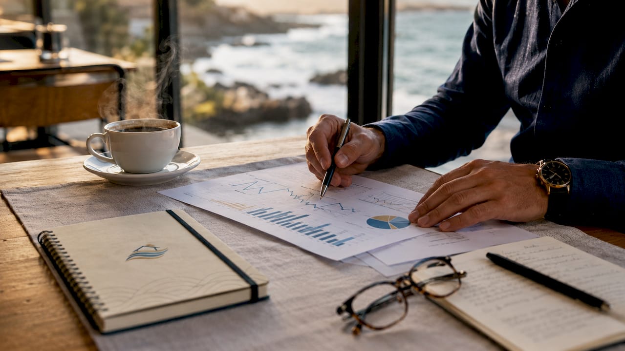 Manos analizando y comparando gráficos del mercado inmobiliario en Tenerife