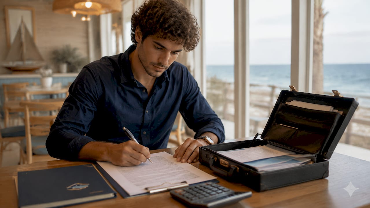 Hombre firmando documentos notariales para la venta de una propiedad