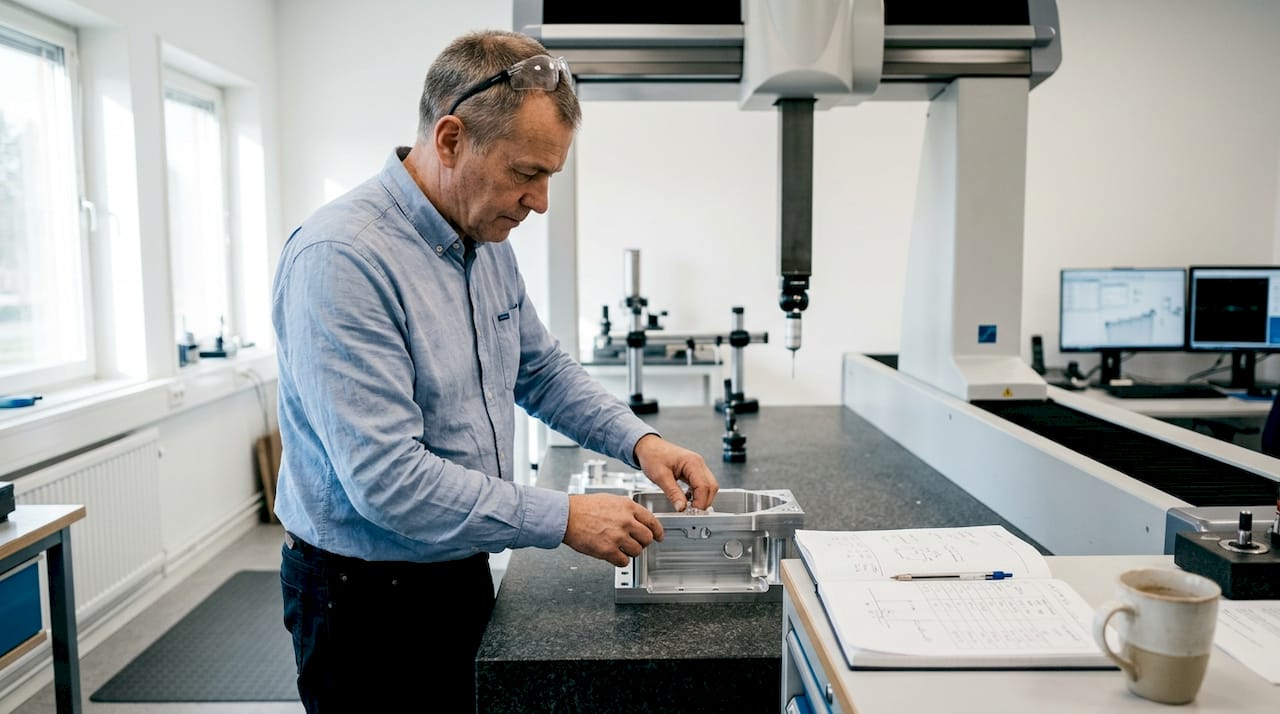 I CMM-mätrummet utför tekniker noggranna mätningar och kontroller av komponenter.