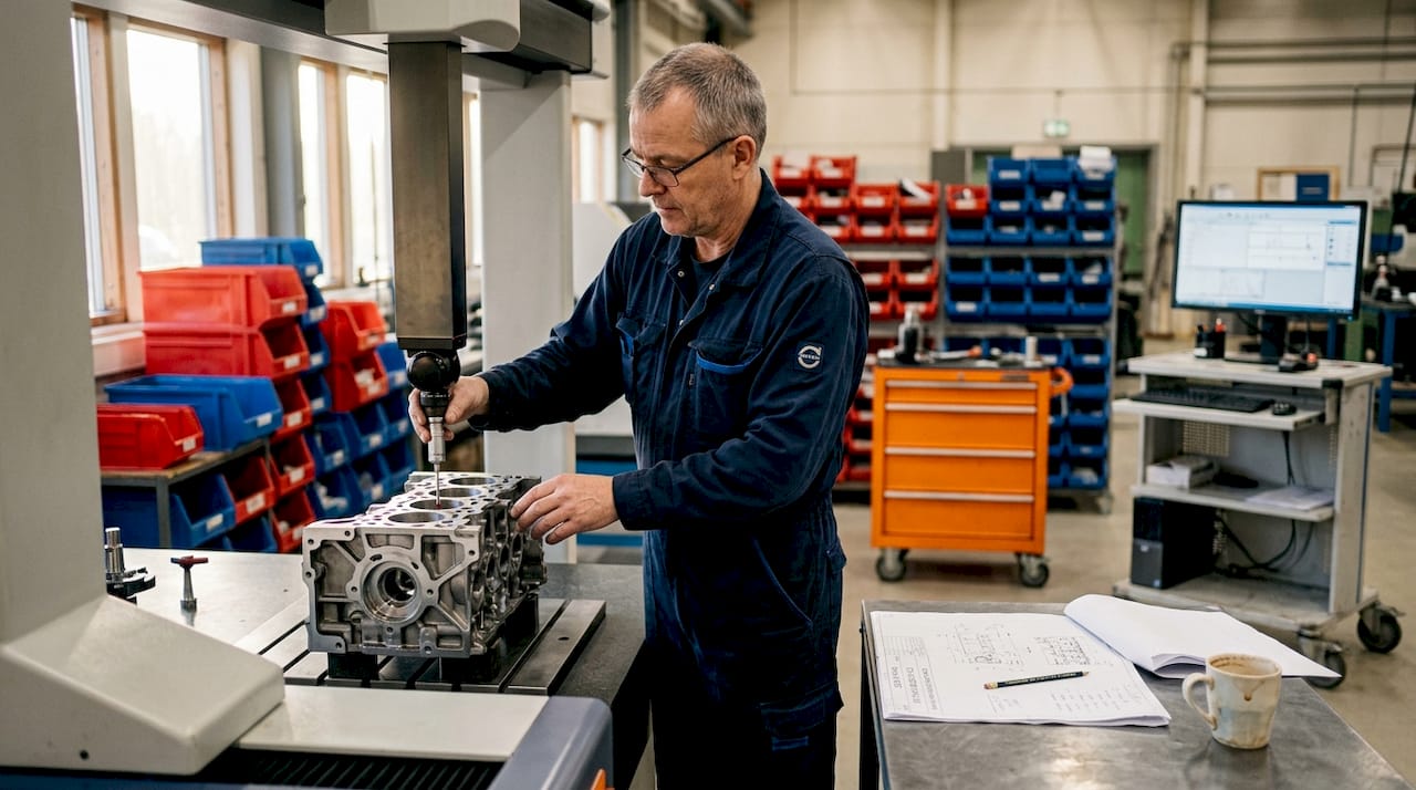 Operatören finjusterar CMM-utrustningen för att säkerställa optimal precision.