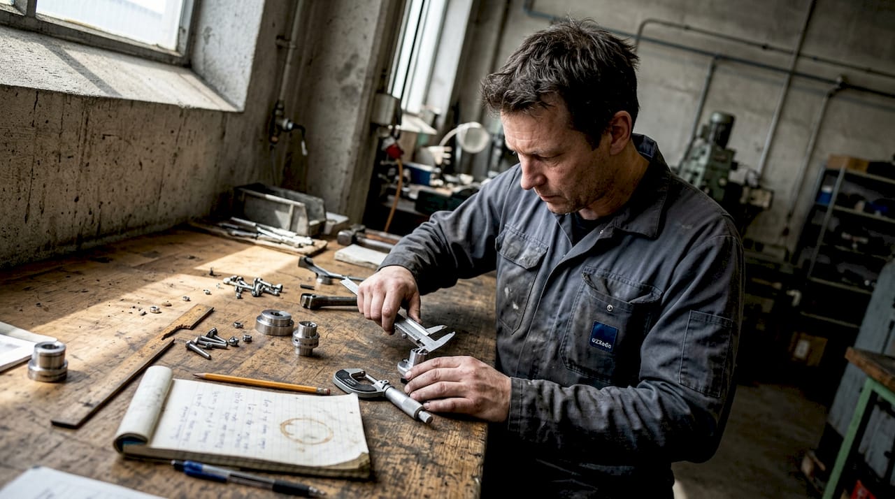 Maskinoperatören utför noggranna mätningar med både skjutmått och mikrometer.