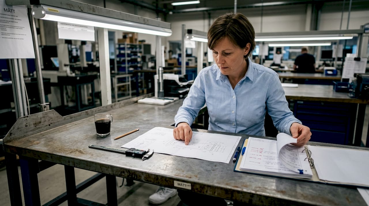 En ingenjör går igenom ritningar och verktyg inne i mätrummet.