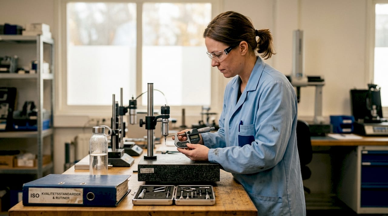 En tekniker står vid arbetsbänken i laboratoriet och jämför olika mätinstrument.