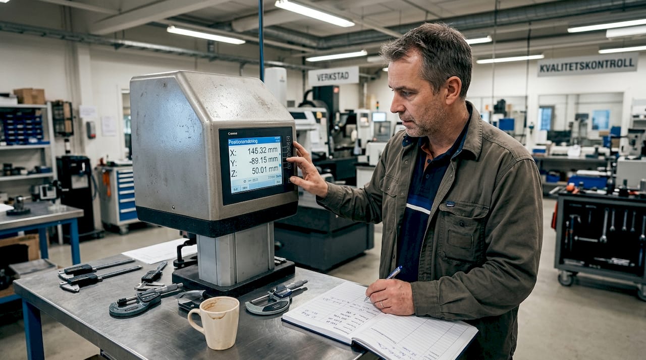 Ingenjören antecknar mätvärden vid CMM-maskinen.