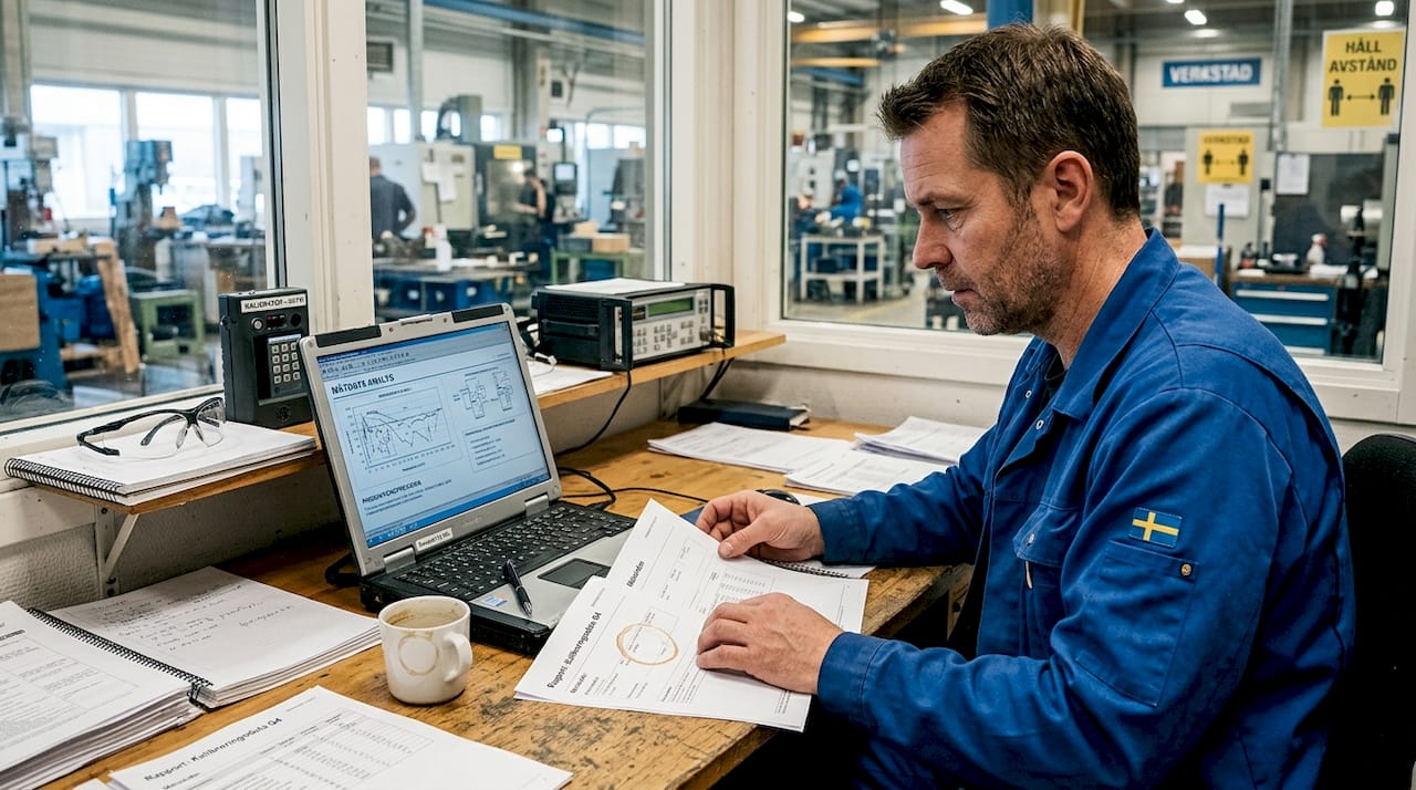 En tekniker går igenom fabriksdata för att analysera och hitta förbättringsmöjligheter.