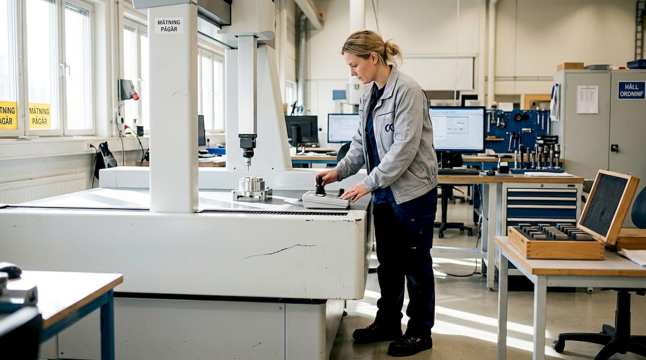 En erfaren kvalitetsoperatör finjusterar den keramiska CMM-maskinen medan produktionen pågår.