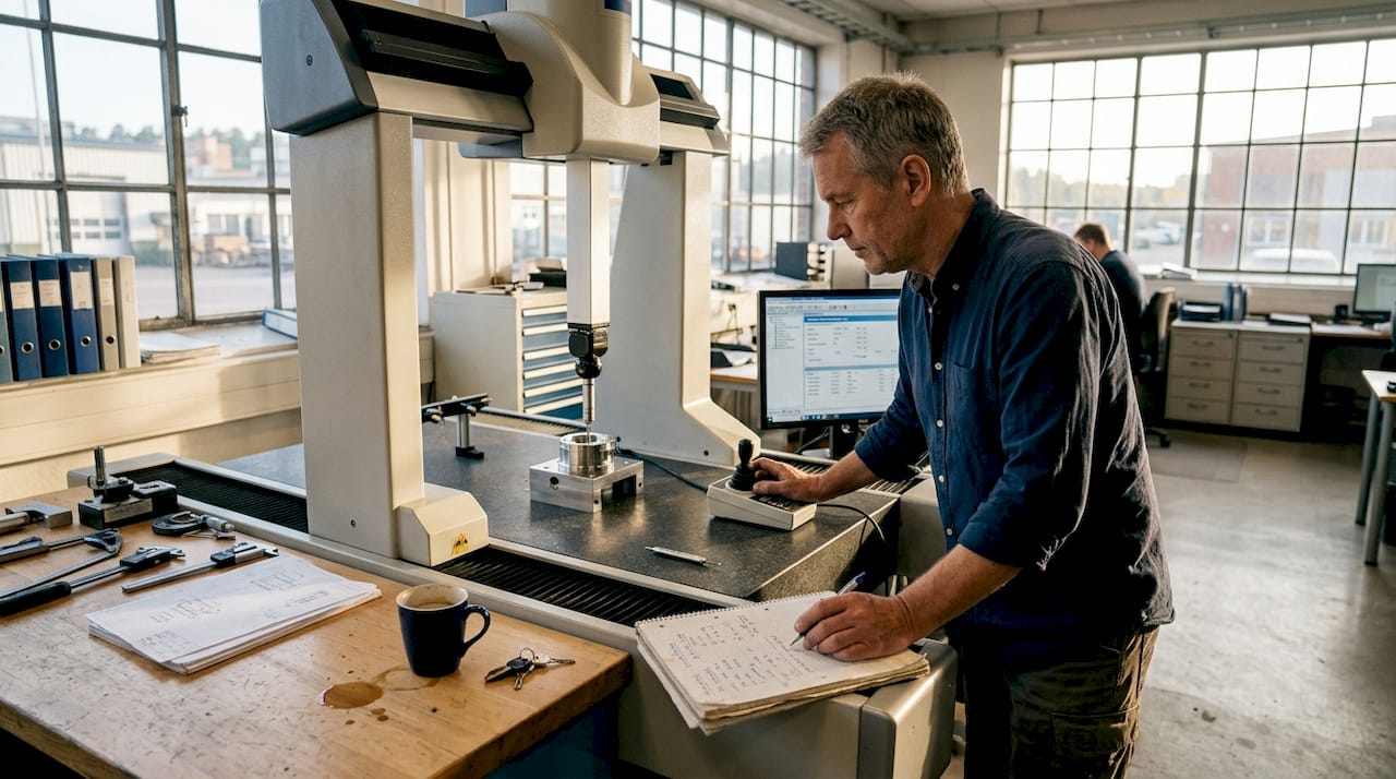 En ingenjör utför mätningar med en keramisk koordinatmätmaskin.