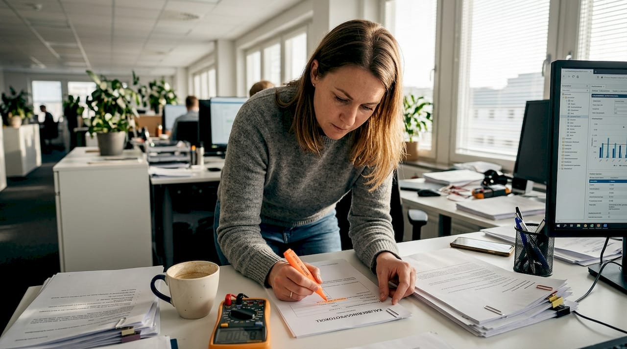 En inspektör går noggrant igenom kalibreringsprotokollen vid sitt skrivbord.
