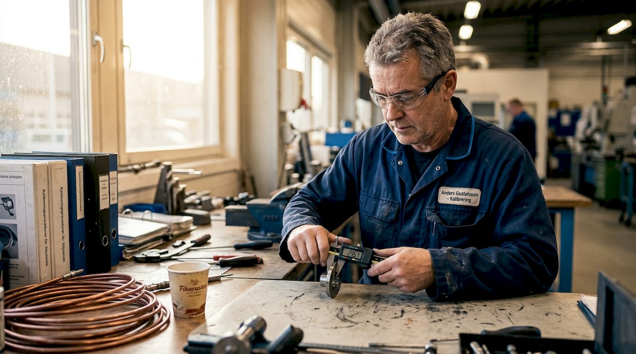På fabriken ser man industripersonal som justerar och ställer in mätinstrument ute på verkstadsgolvet.