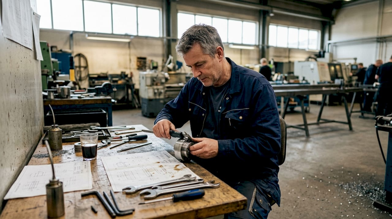 En operatör utför noggranna mätningar av en metallkomponent ute i verkstaden.