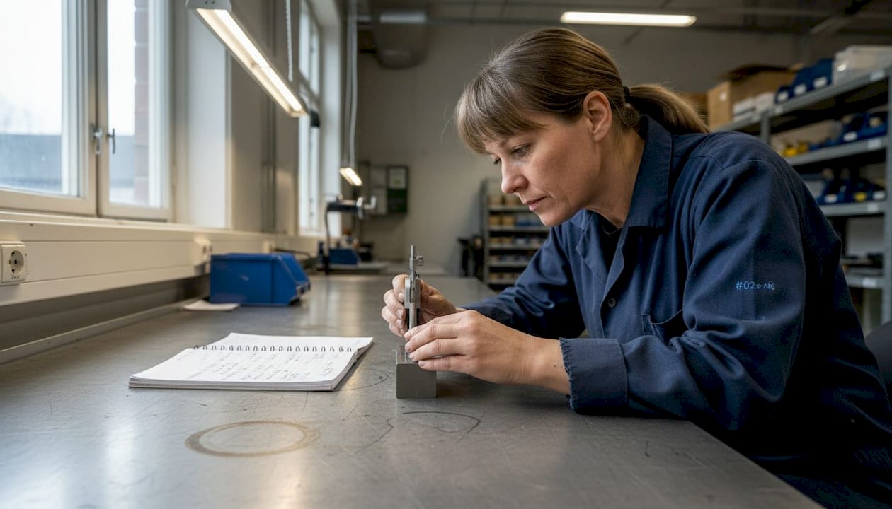 En tekniker justerar och kalibrerar mätutrustning på ett arbetsbord i stål.