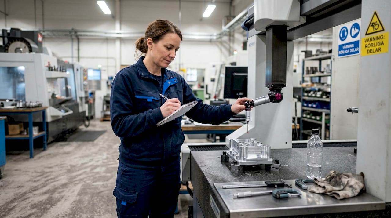 En operatör håller uppsikt över en koordinatmätmaskin ute i verkstaden.