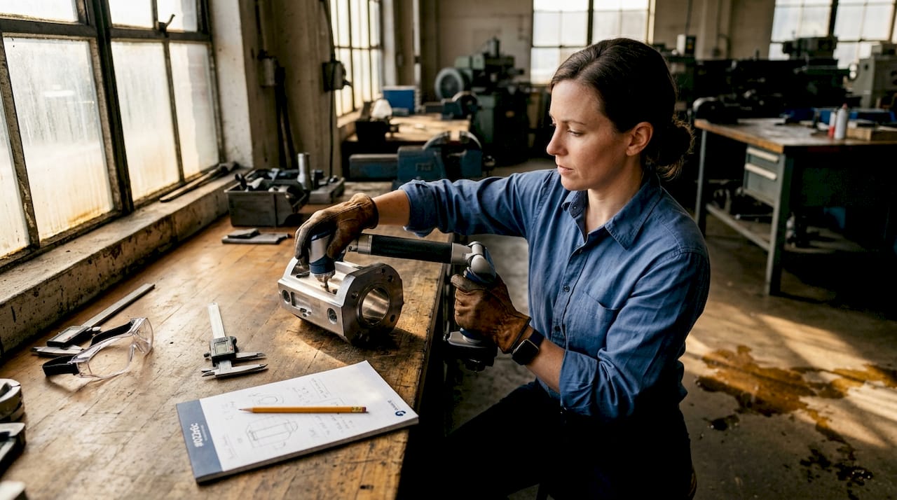 En ingenjör använder en 3D-skanner för att mäta en metalldetalj.