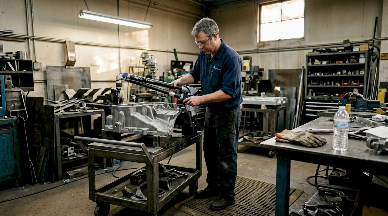 En tekniker skannar en gjuten metalldel med Absolute Arm.