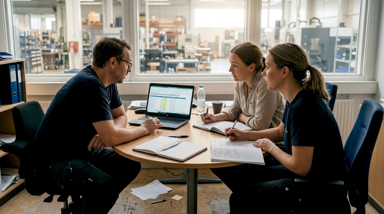 Teamet går igenom schemat för mätteknisk service tillsammans.