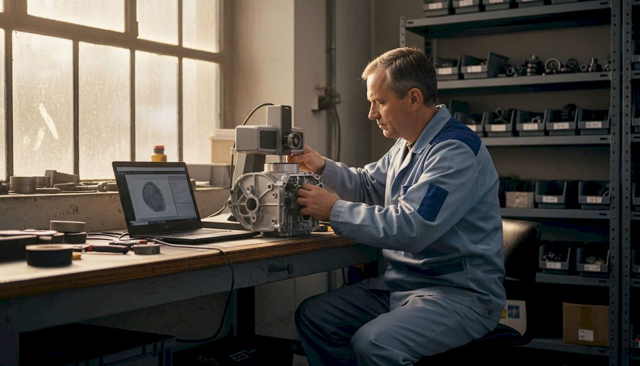 En tekniker justerar 3D-skannern inför användning i verkstaden.