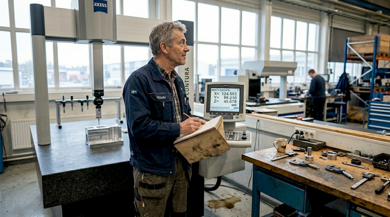 En tekniker utför mätningar vid en maskin ute på fabriks­golvet.