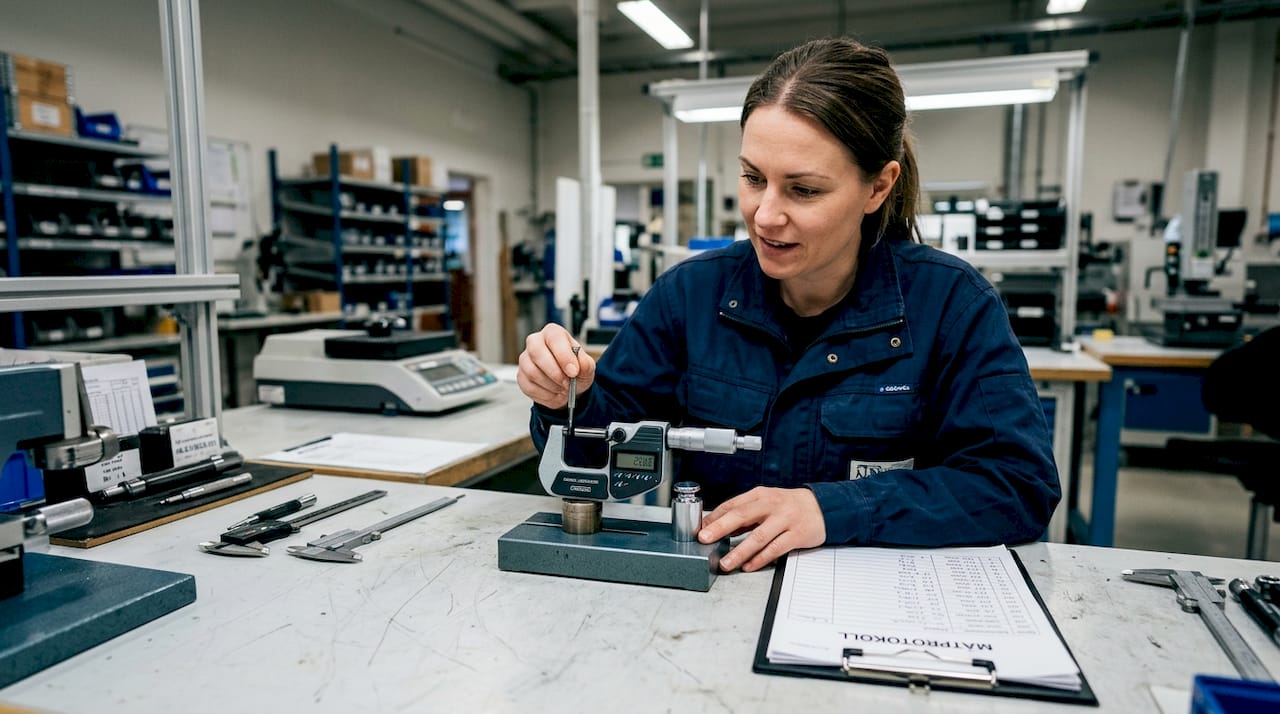 En kvinna justerar och kontrollerar mätinstrument vid sitt arbetsbord.