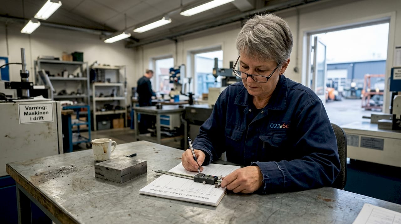 En ingenjör noggrant dokumenterar mätvärden med hjälp av ett skjutmått i labbet.