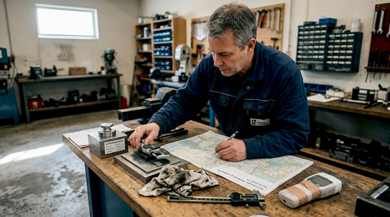 En tekniker justerar och ställer in mätinstrument vid arbetsbänken.
