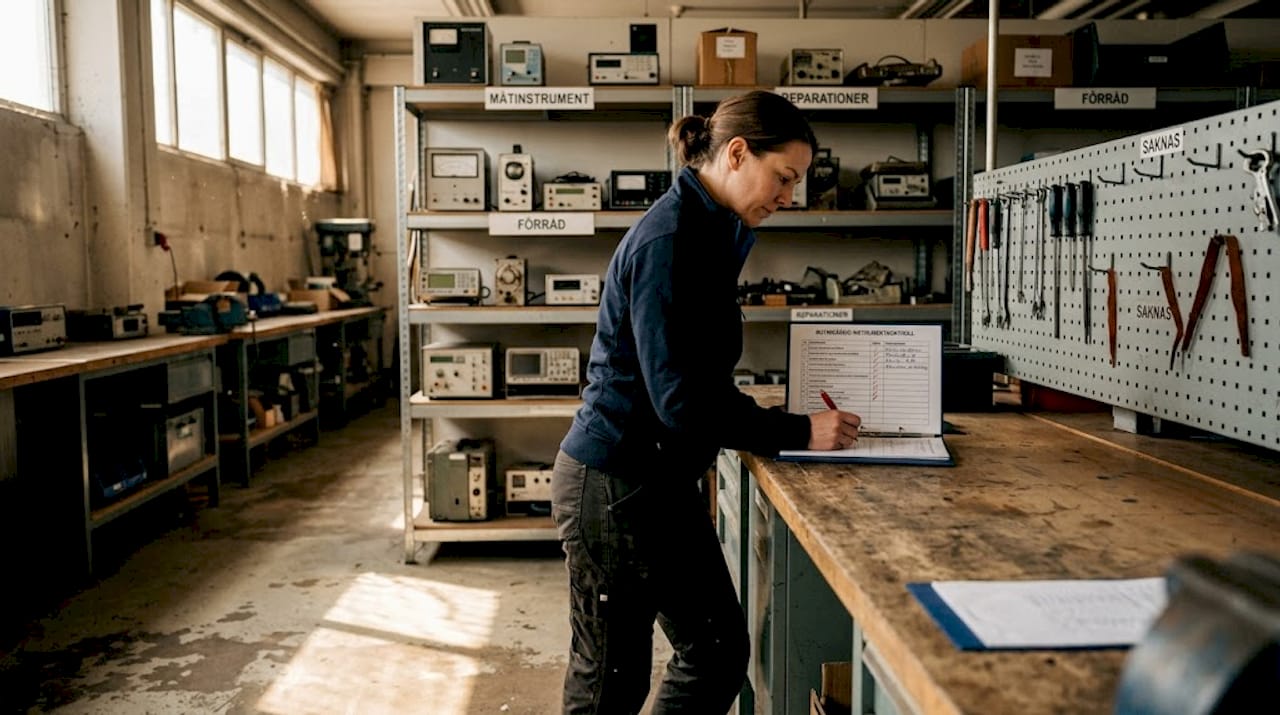 En kvinna går igenom en checklista medan hon inspekterar instrumenten.