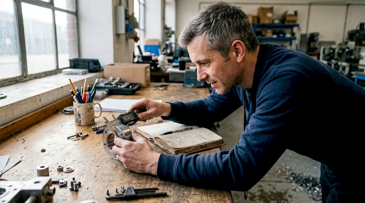 En ingenjör genomför mätningar på en komponent ute i verkstaden.