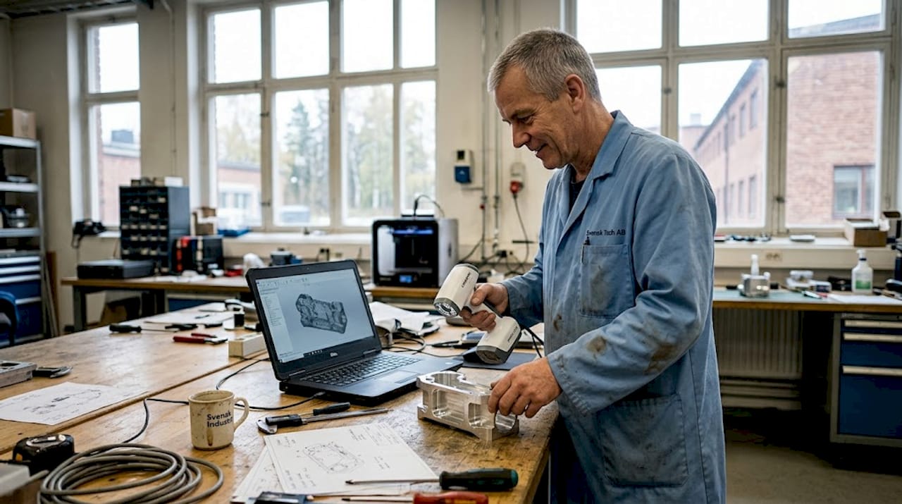 En metallkomponent analyseras med hjälp av en scanner i ett industrilabb.