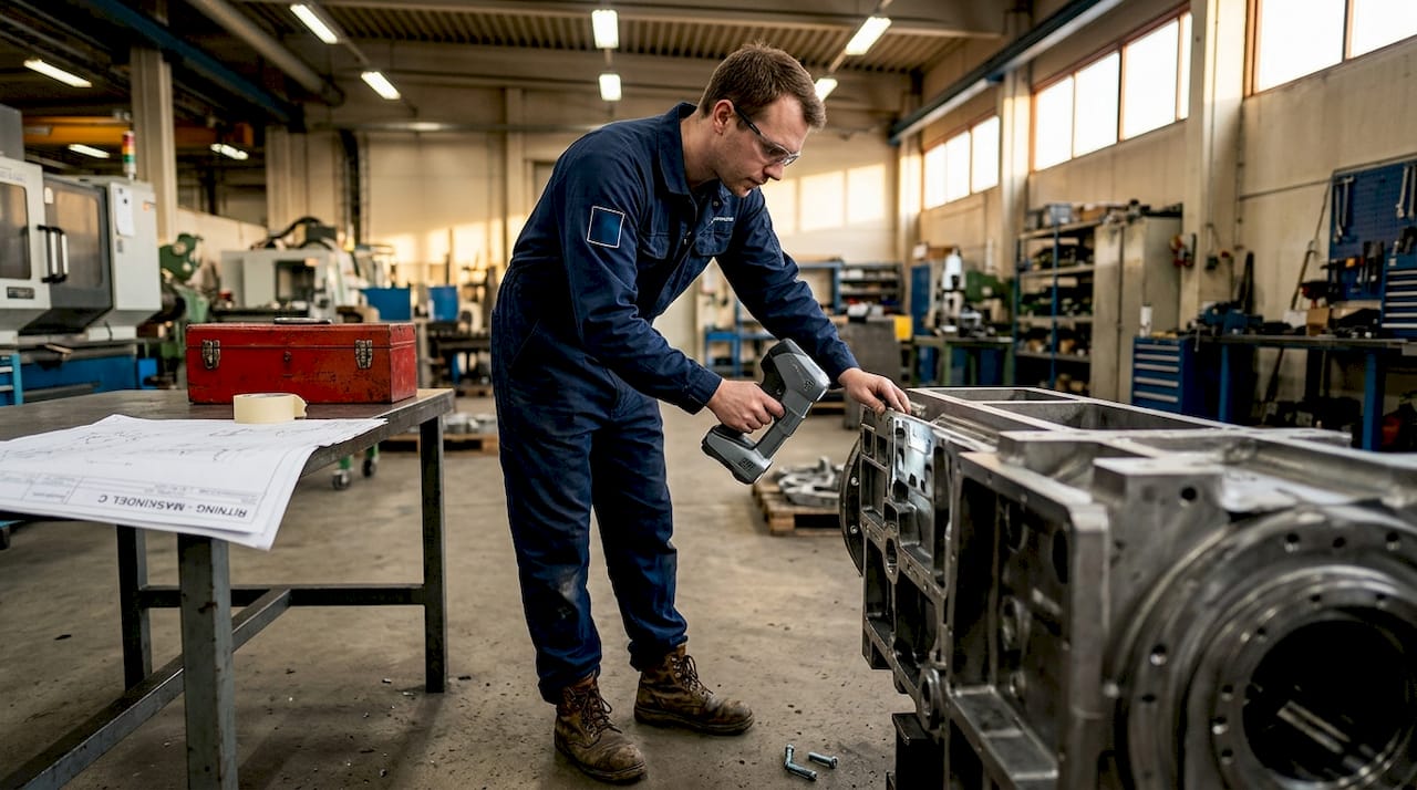 En tekniker skannar en komponent med 3D-teknik på fabriken.
