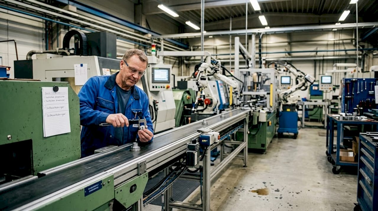 En operatör genomför en mätning av en komponent direkt vid produktionslinjen.