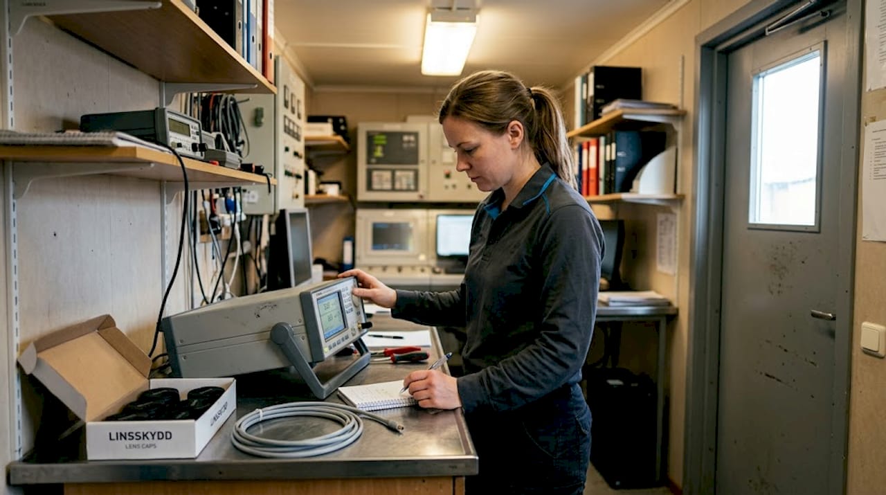 En tekniker justerar och kontrollerar mätutrustningen inne i kontrollrummet.
