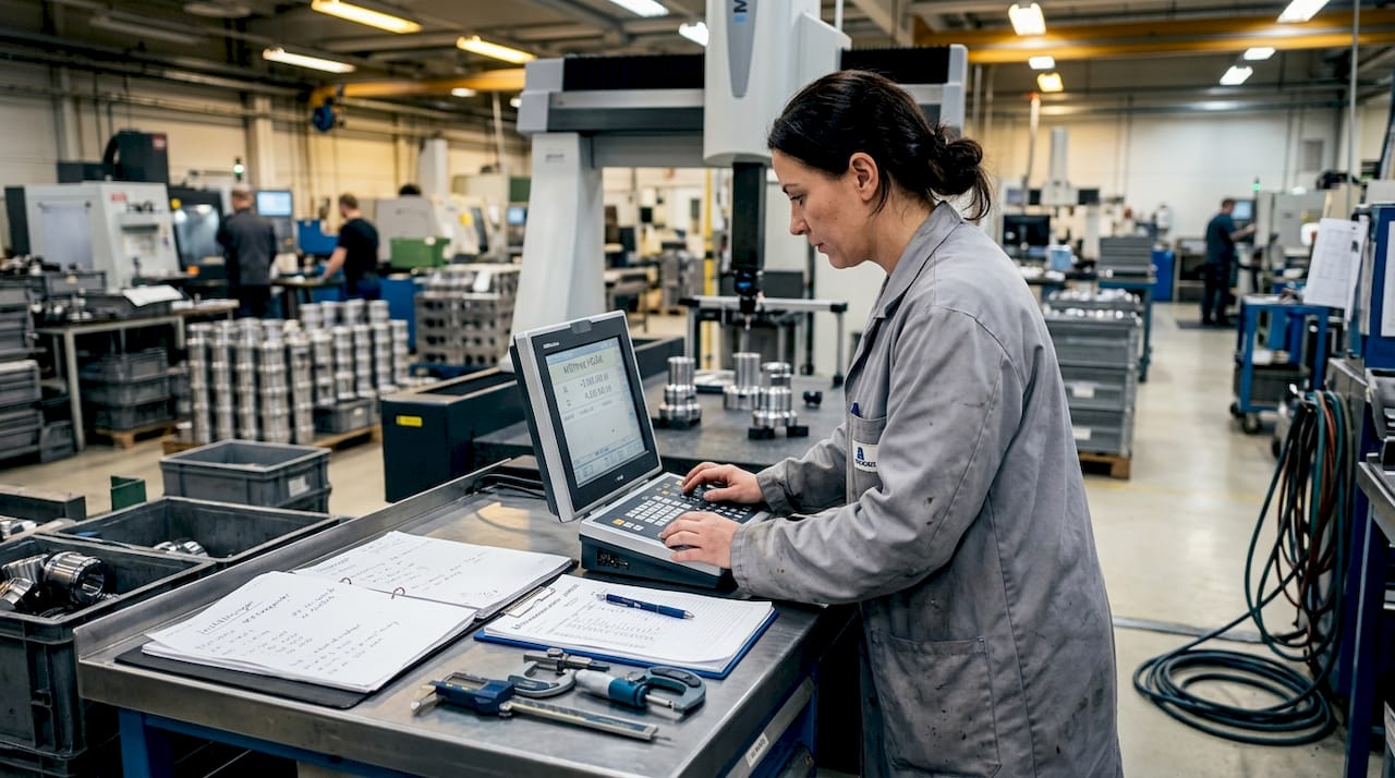 En operatör övervakar en CMM-maskin ute i fabriken.