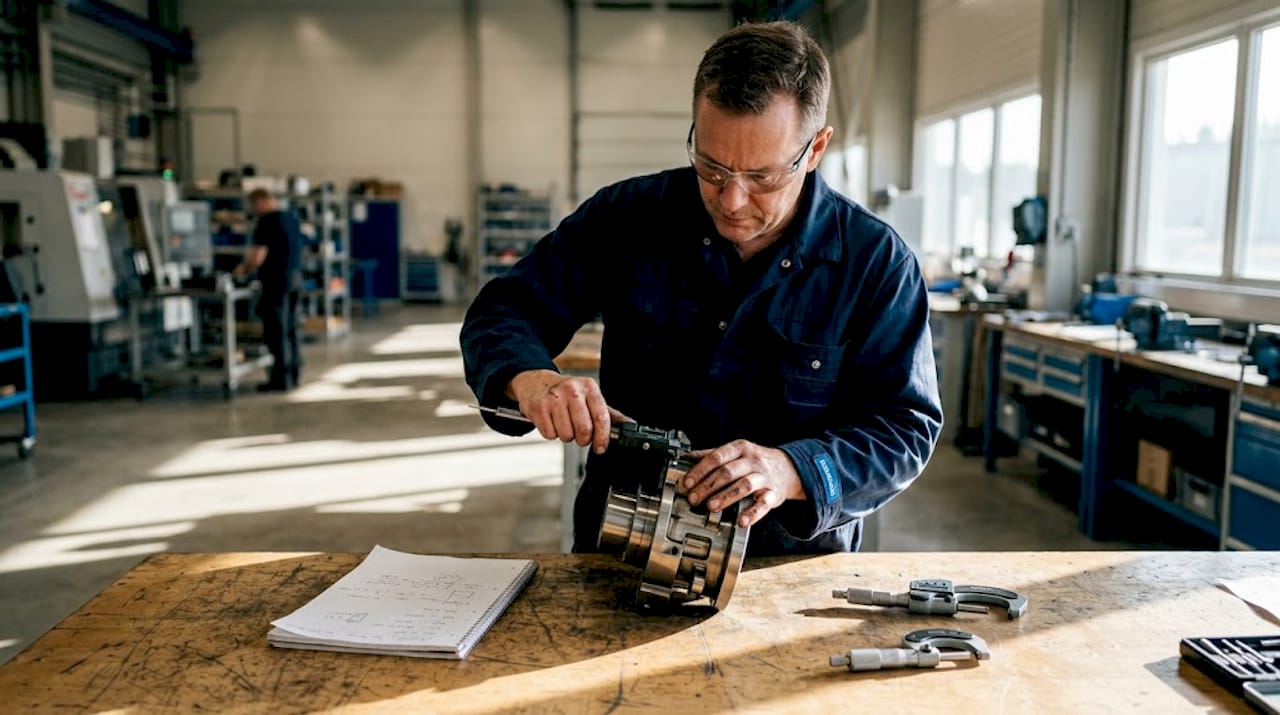 En kvalitetsingenjör kontrollerar och mäter maskindelar på fabriksgolvet.