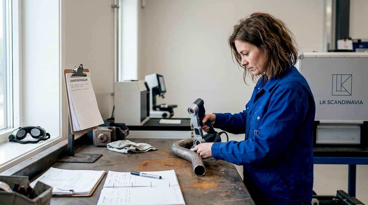 En tekniker skannar ett böjt rör med hjälp av specialutrustning.