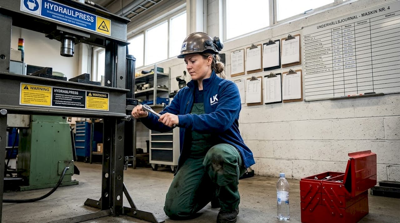 En servicetekniker utför underhållsarbete på en hydraulpress.