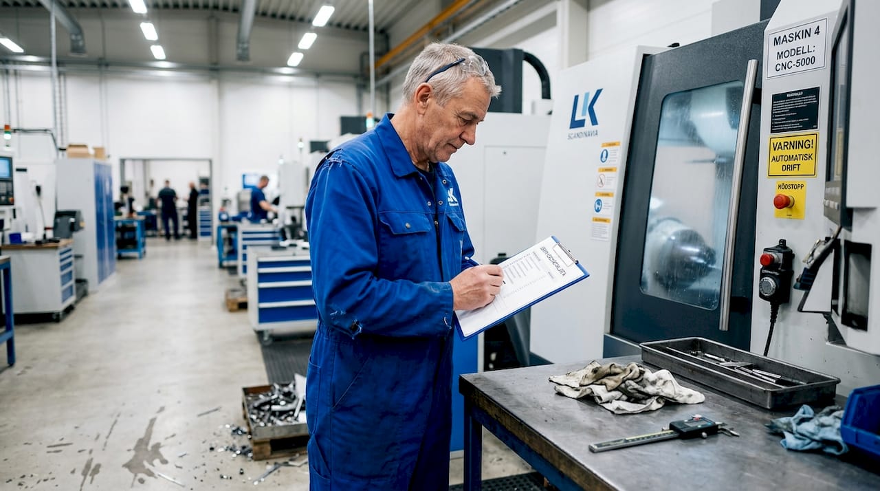En tekniker går igenom checklistan vid CNC-maskinen för att säkerställa att allt fungerar som det ska.